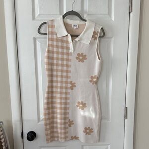 Sleeveless Beige and White Patterned Dress